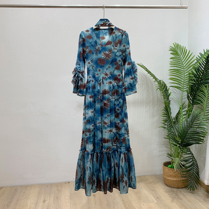Printed and dyed three-dimensional flower long-sleeved high-waisted A-line skirt with waist cinch and ruffled hem long dress DLZQZ202605