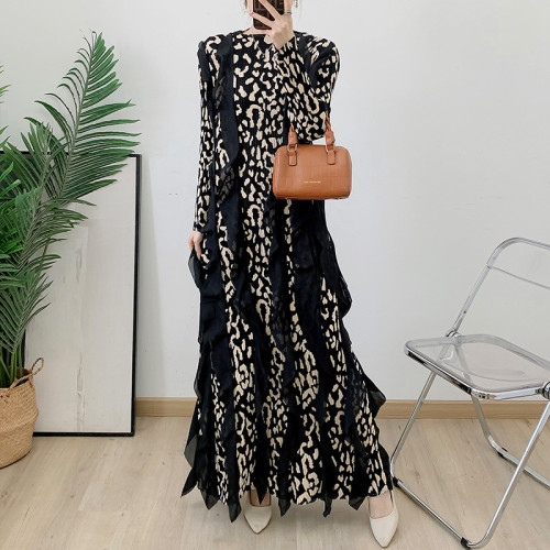 Elegant Women's Pleated Dress New O-neck Long Sleeve Leopard Print Patchwork Long Dresses Fashion 