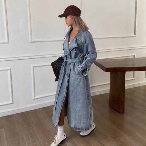 Fashionable casual retro-style women's wide-fit denim trench coat  DLZF51905