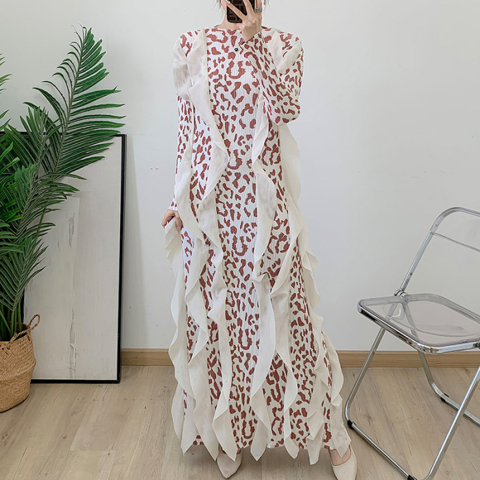 Elegant Women's Pleated Dress New O-neck Long Sleeve Leopard Print Patchwork Long Dresses Fashion 