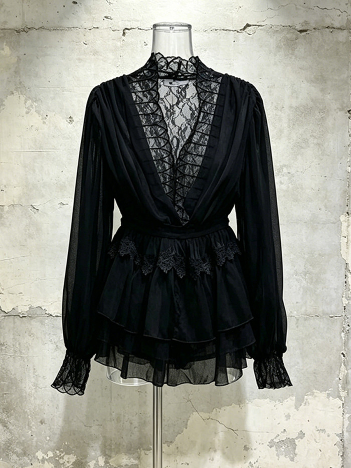 New deep V collar-neckline see-through lantern sleeve top + multi-layer ruffled short skirt two-piece set DLZTZ51900