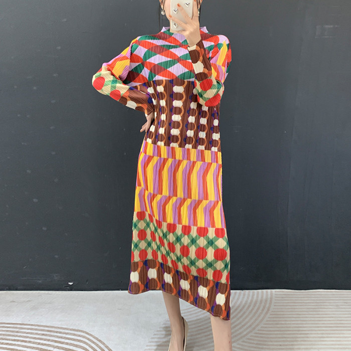  Multicolor Geometric Print Women's Dress Stand Neck Long Sleeve Pleated A Slit Pullover Dresses  DLZQ150