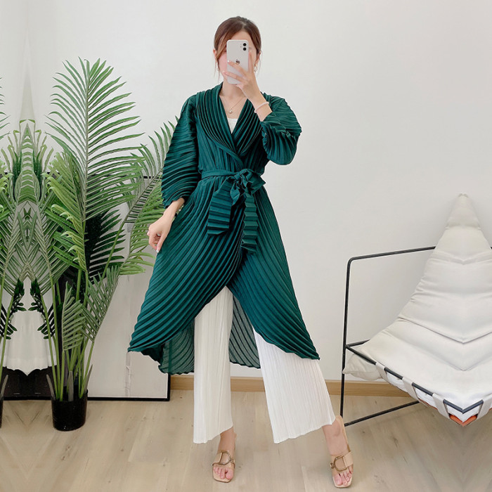 Sold Color Pleated Trench Coat Women Open Stitch Bandage Irregular Midi-length Autumn Fashion Lady Elegant Coat  DLZKS520