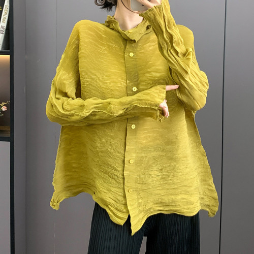  Handmade Pleated Niche Design Women's Shirt Chic New Single Breastead Stand Collar Lightweight Irregular Tops DLZSY260507