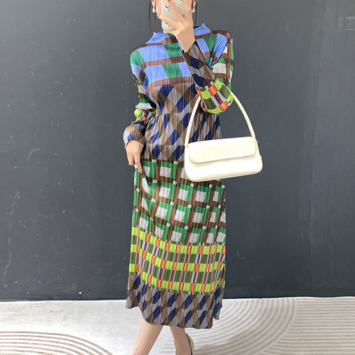  Multicolor Geometric Print Women's Dress Stand Neck Long Sleeve Pleated A Slit Pullover Dresses  DLZQ150