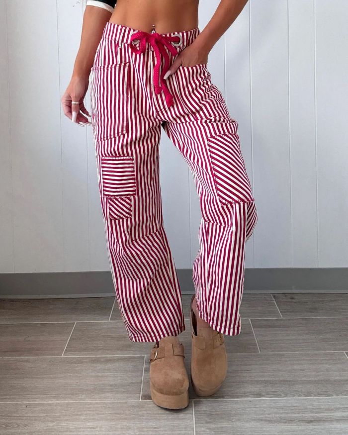 Relaxed and fashionable loose striped straight-leg trousers  DLZK89345