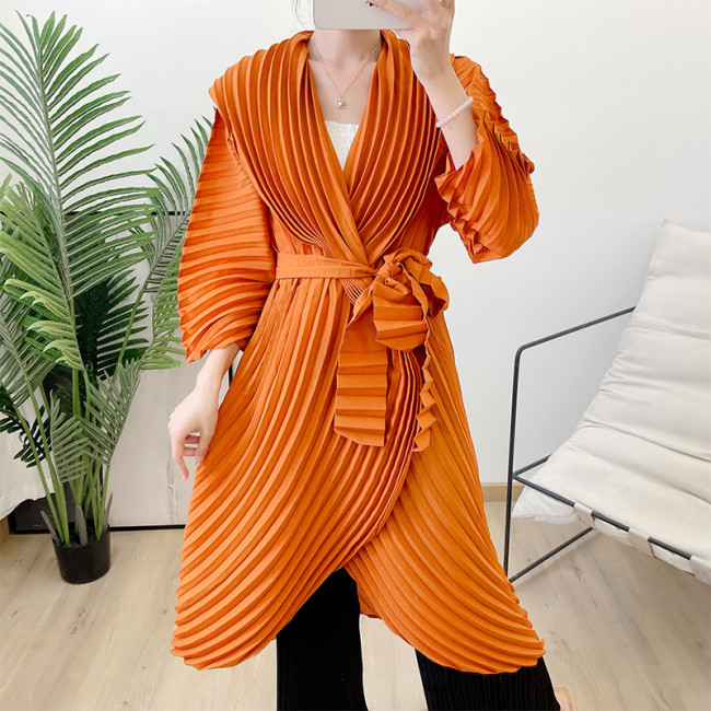 Sold Color Pleated Trench Coat Women Open Stitch Bandage Irregular Midi-length Autumn Fashion Lady Elegant Coat  DLZKS520