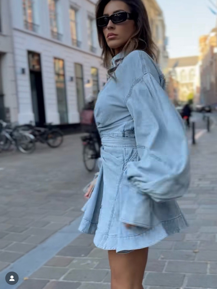 Jeans butterfly decorative tie-front long-sleeved dress  DLZWT51905