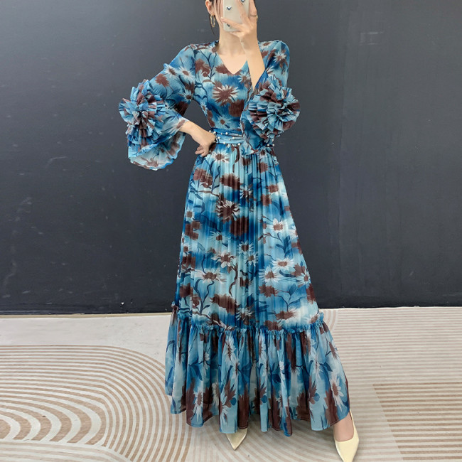 Printed and dyed three-dimensional flower long-sleeved high-waisted A-line skirt with waist cinch and ruffled hem long dress DLZQZ202605