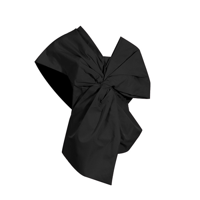 Asymmetric collar bow decoration patchwork top with bow design  DLZY9090