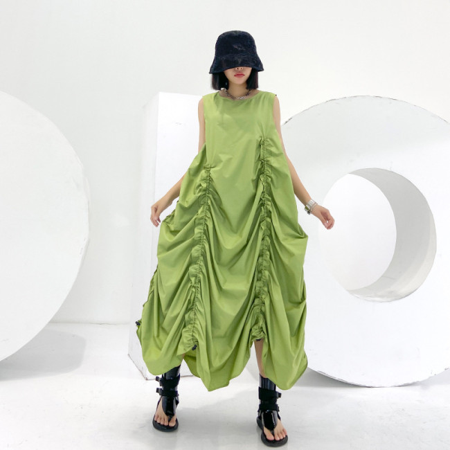 Women Green Pleated Drawstring Long Irregular Vest Dress New Round Neck Sleeveless Fashion Tide Spring Summer  DLZMJ5200