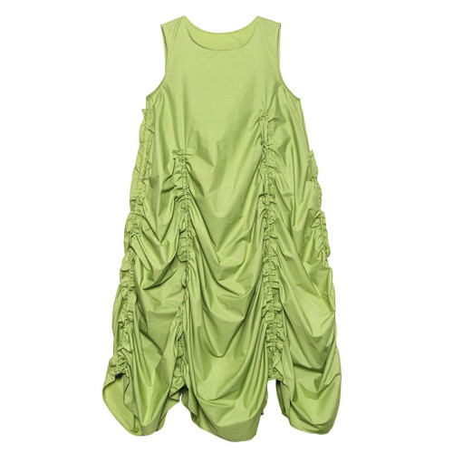 Women Green Pleated Drawstring Long Irregular Vest Dress New Round Neck Sleeveless Fashion Tide Spring Summer  DLZMJ5200