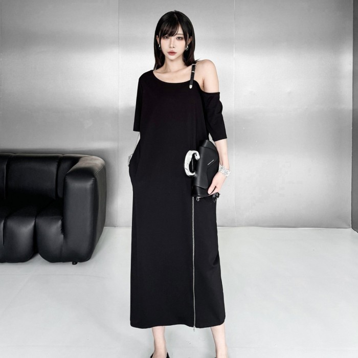  Women Black Zipper Off-shoulder Big Size Midi Dress New Round Neck Short Sleeve Fashion Tide Spring Summer  DLZCQ26801