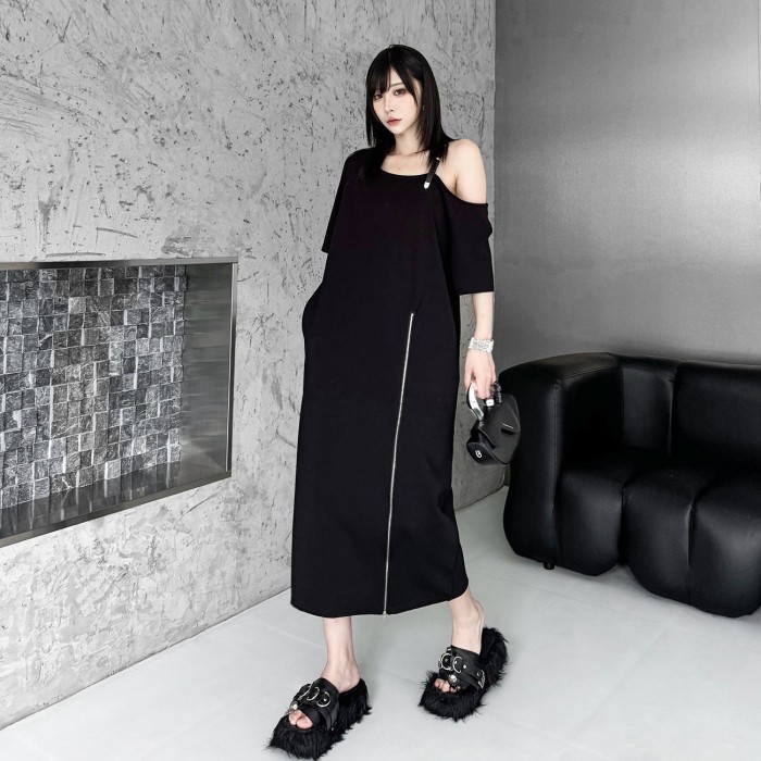  Women Black Zipper Off-shoulder Big Size Midi Dress New Round Neck Short Sleeve Fashion Tide Spring Summer  DLZCQ26801