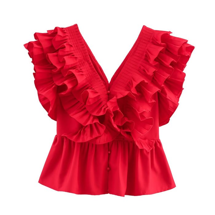 V-neck ruffled sleeveless T-shirt - A fashionable, versatile and sexy top that suits any occasion. DLZhs52103