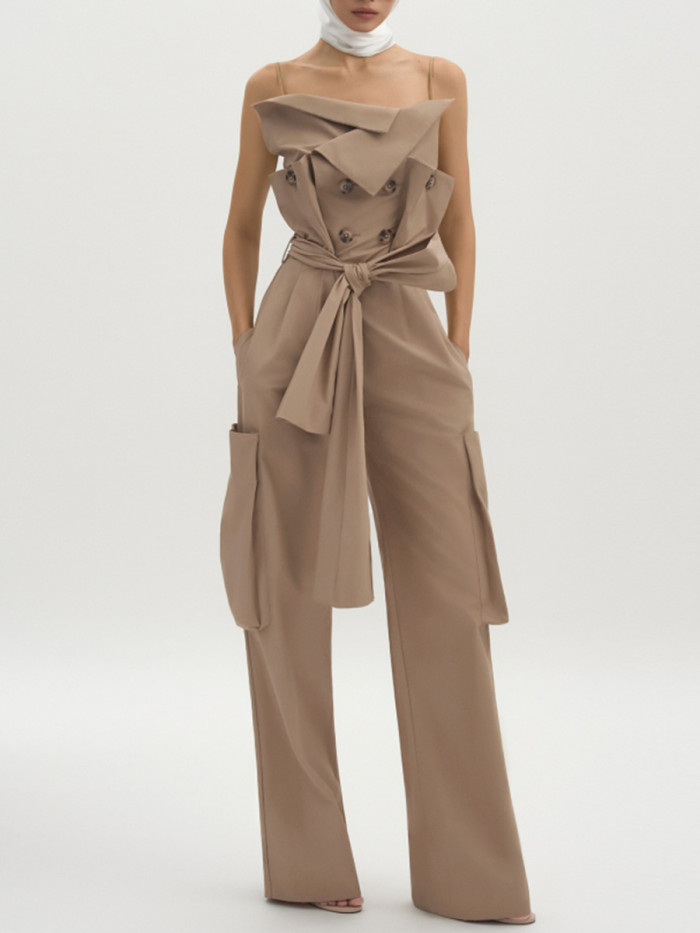 Sexy bandeau racerback khaki one-piece pants  DLZLT52104