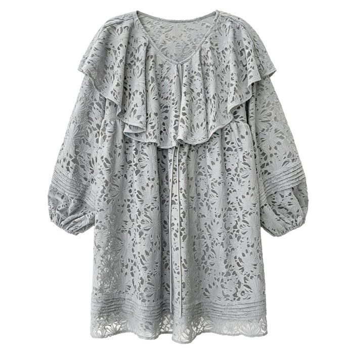 Lace-trimmed ruffled silk lantern sleeve blouse with a leaf-shaped collar  DLZSY1515