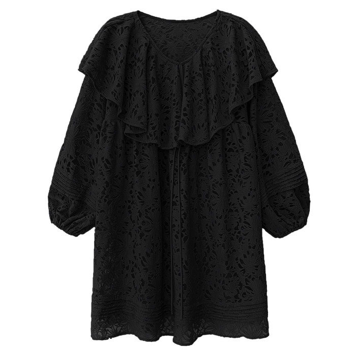 Lace-trimmed ruffled silk lantern sleeve blouse with a leaf-shaped collar  DLZSY1515