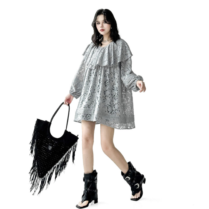 Lace-trimmed ruffled silk lantern sleeve blouse with a leaf-shaped collar  DLZSY1515