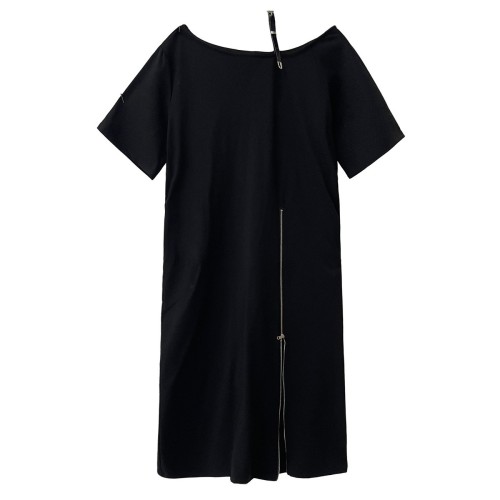  Women Black Zipper Off-shoulder Big Size Midi Dress New Round Neck Short Sleeve Fashion Tide Spring Summer  DLZCQ26801