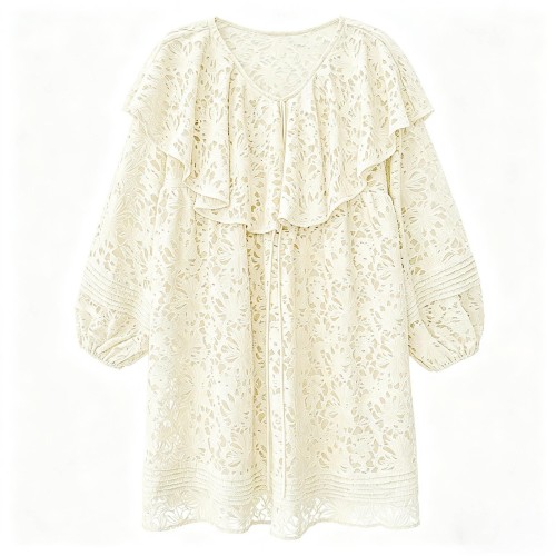 Lace-trimmed ruffled silk lantern sleeve blouse with a leaf-shaped collar  DLZSY1515