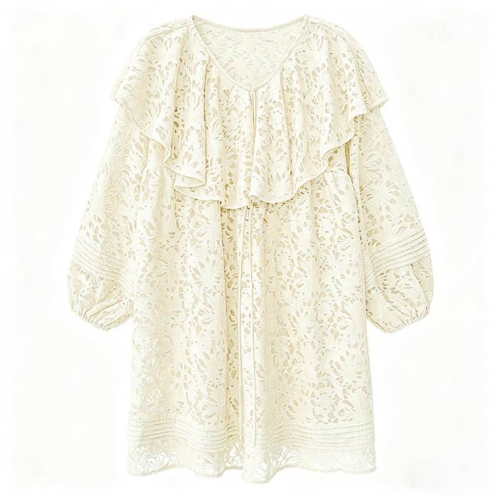Lace-trimmed ruffled silk lantern sleeve blouse with a leaf-shaped collar  DLZSY1515