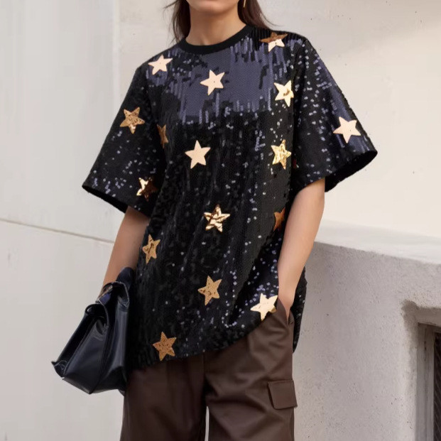 In stock. Heavy-duty sequin T-shirt for women. New summer style. Three-dimensional five-pointed star. Loose top.  WQ2241801