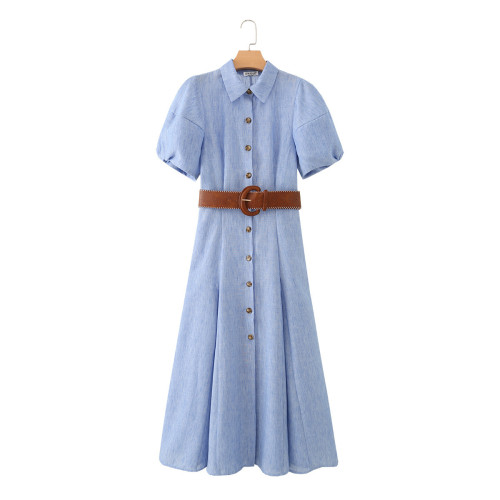 Light blue new style front-opening buttoned dress with belt  DLZqz265205