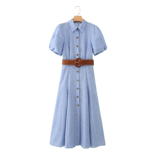 Light blue new style front-opening buttoned dress with belt  DLZqz265205
