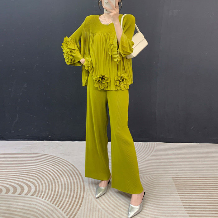 New pleated hand-woven blouse + loose straight-leg pants - two-piece set / outfit  DLZtz5230
