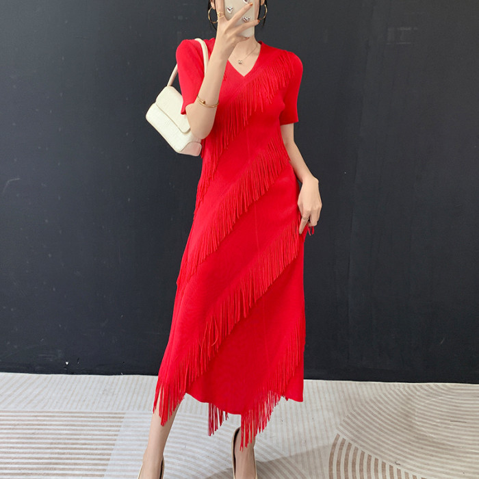 New short-sleeved pleated fringed dress DLZq26523