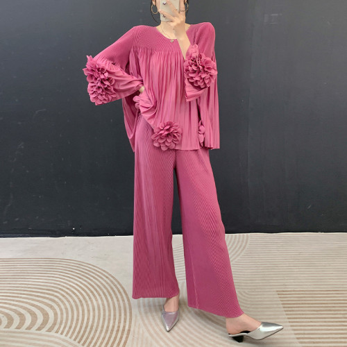 New pleated hand-woven blouse + loose straight-leg pants - two-piece set / outfit  DLZtz5230