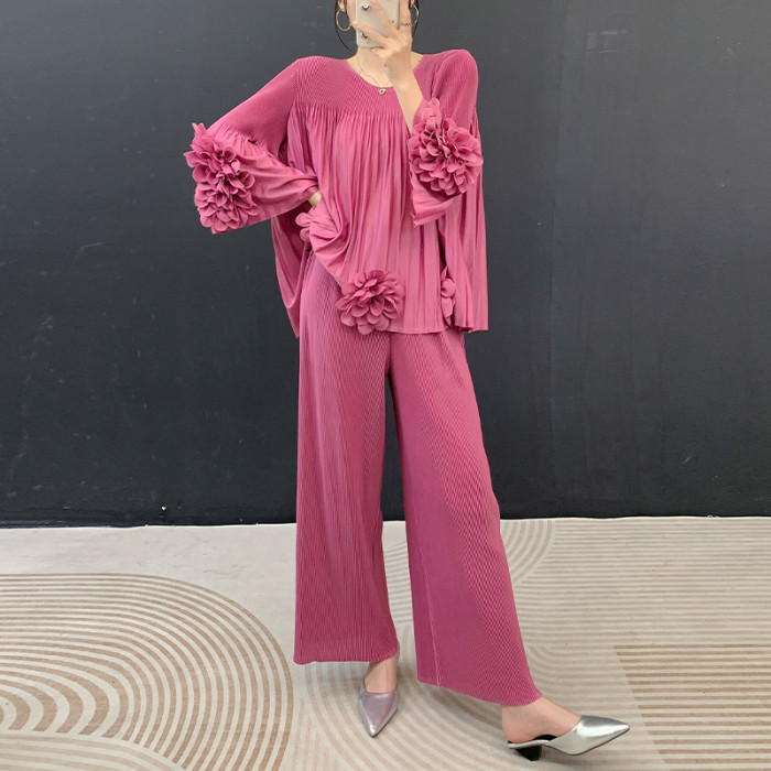 New pleated hand-woven blouse + loose straight-leg pants - two-piece set / outfit  DLZtz5230