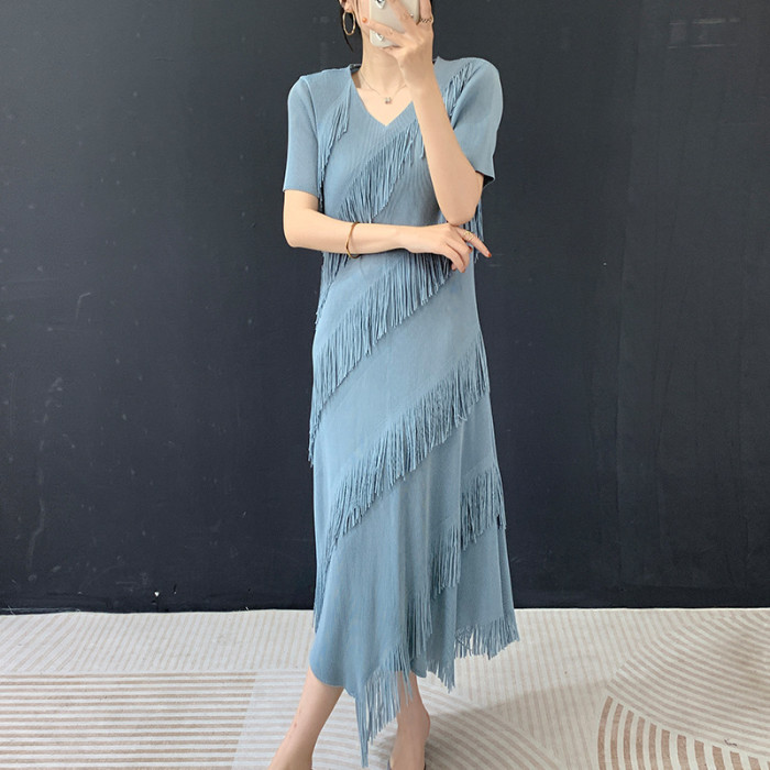 New short-sleeved pleated fringed dress DLZq26523