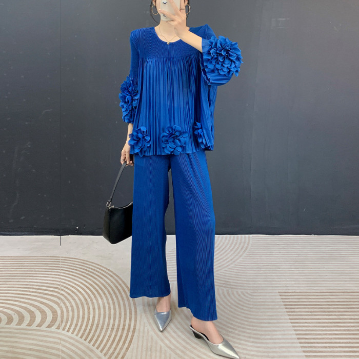 New pleated hand-woven blouse + loose straight-leg pants - two-piece set / outfit  DLZtz5230