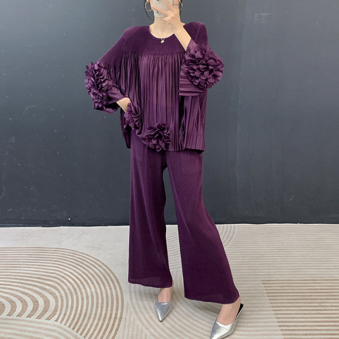 New pleated hand-woven blouse + loose straight-leg pants - two-piece set / outfit  DLZtz5230