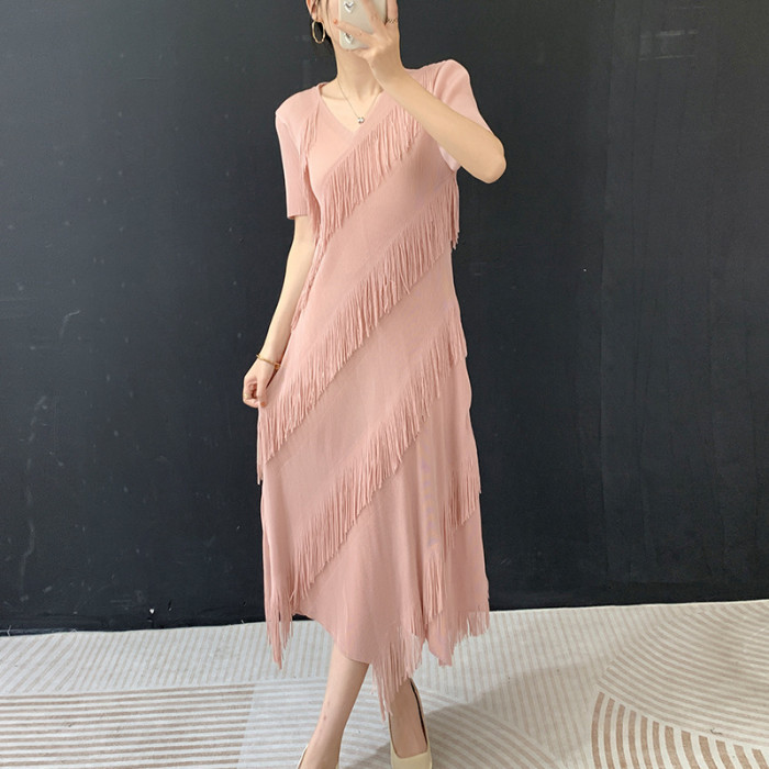 New short-sleeved pleated fringed dress DLZq26523