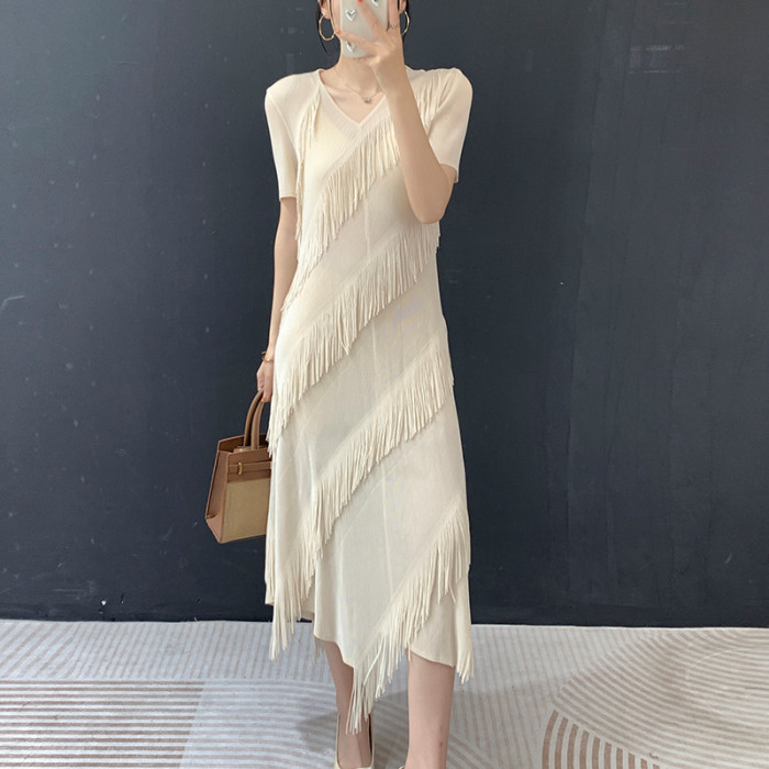 New short-sleeved pleated fringed dress DLZq26523