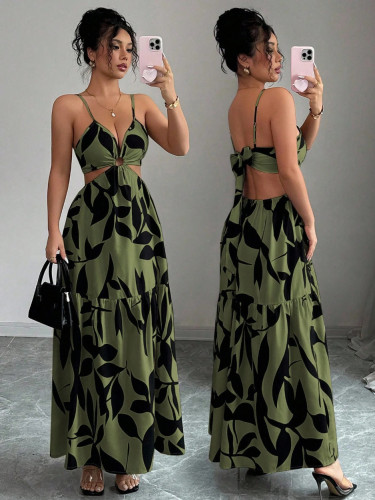 Floral-printed halter-neck backless bow-front dress  DLZgq170