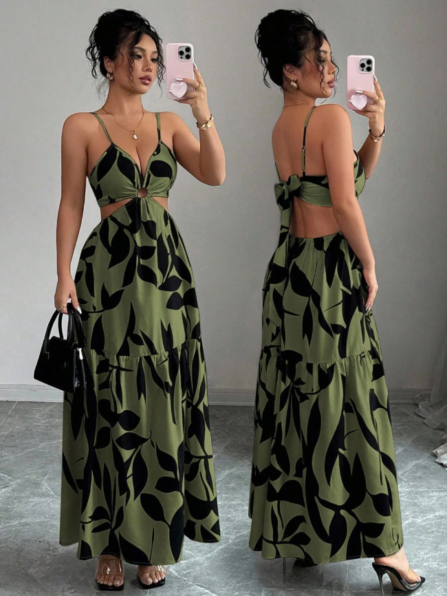 Floral-printed halter-neck backless bow-front dress  DLZgq170