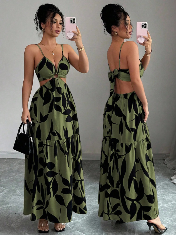 Floral-printed halter-neck backless bow-front dress  DLZgq170