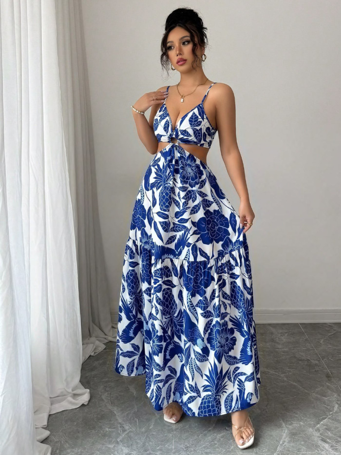 Floral-printed halter-neck backless bow-front dress  DLZgq170