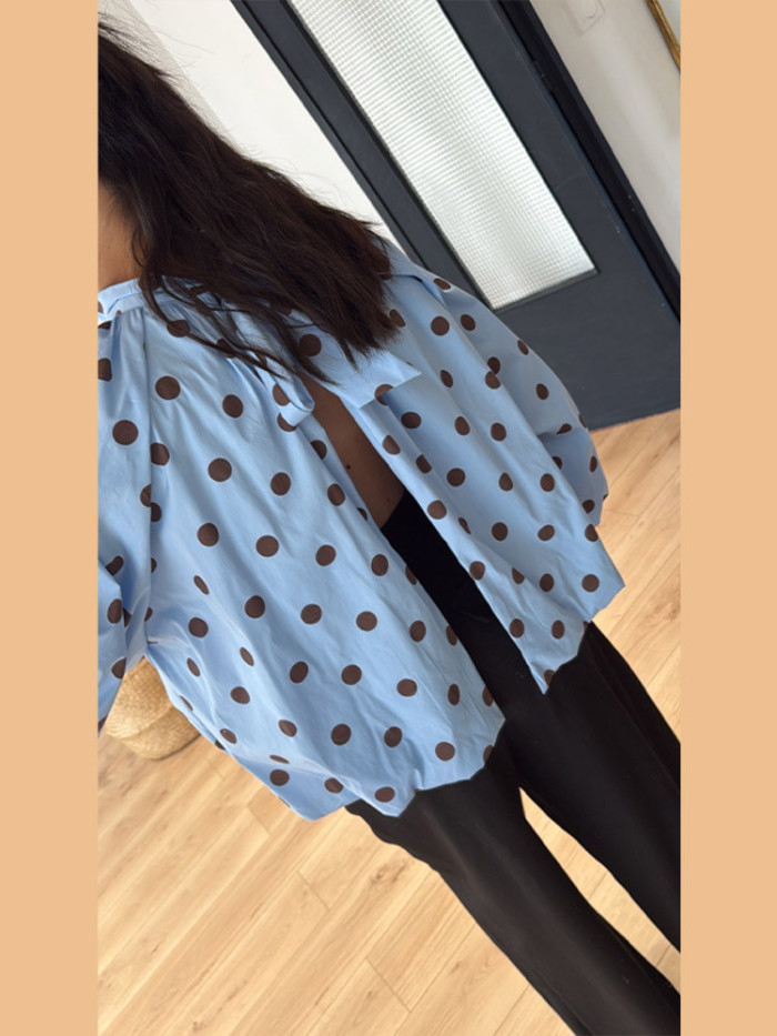 New loose Korean-style design semi-high-neck back-slit polka dot pleated shirt  DLZbd5270