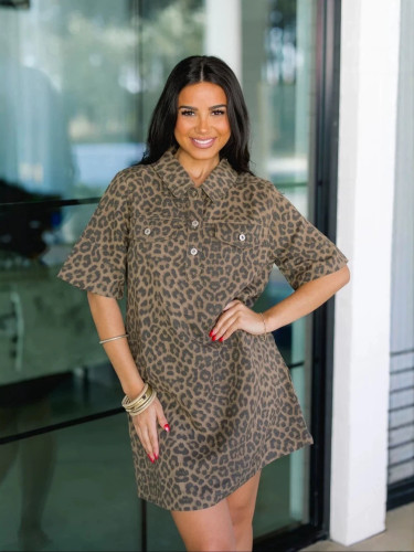 Leopard-print slim-fit short-sleeved women's denim dress DLZsy174209