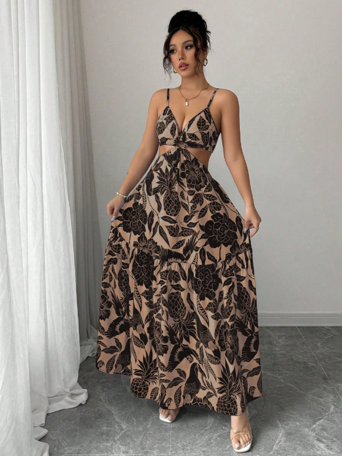 Floral-printed halter-neck backless bow-front dress  DLZgq170