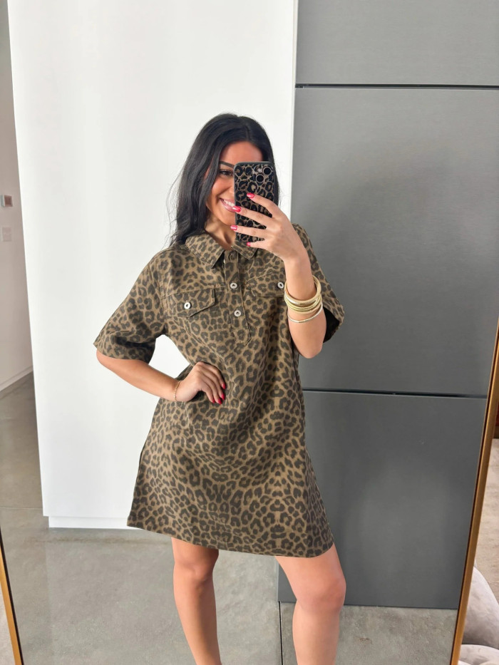 Leopard-print slim-fit short-sleeved women's denim dress DLZsy174209