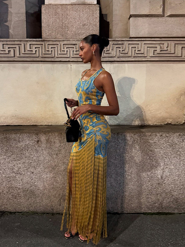 Draped frill-printed dress DLZdd52708