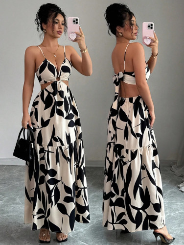 Floral-printed halter-neck backless bow-front dress  DLZgq170