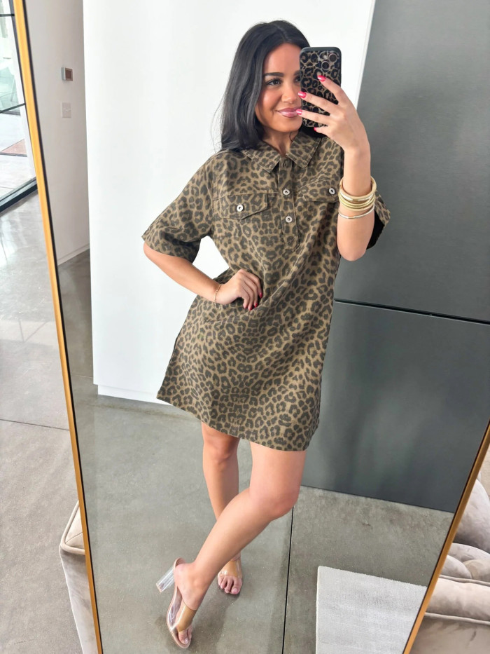 Leopard-print slim-fit short-sleeved women's denim dress DLZsy174209