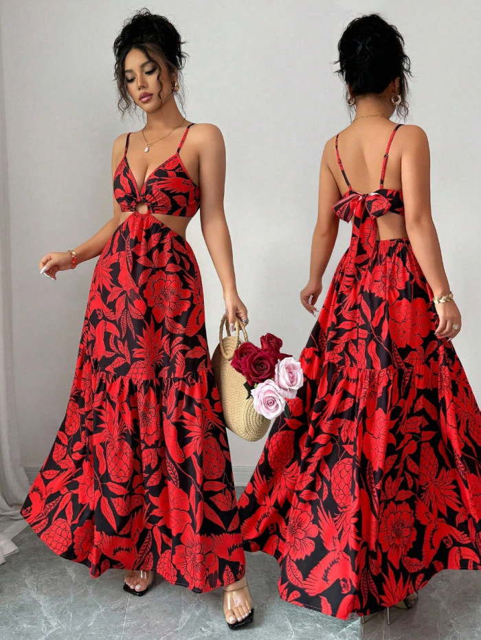 Floral-printed halter-neck backless bow-front dress  DLZgq170